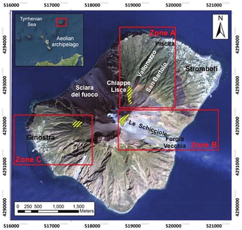 Study area: Stromboli volcano with the main toponyms (by QuickBird ...