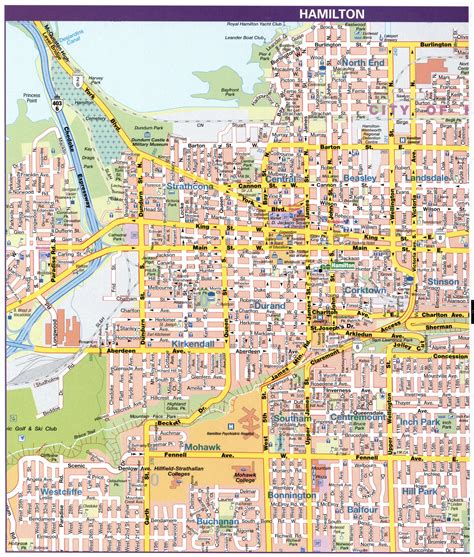 Map downtown Hamilton, Ontario Canada.Hamilton city map with highways ...