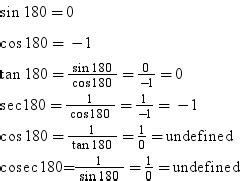 what is the value of sin 180,cos180,tan 180 sec180,cot 180 cosec180 ans ...