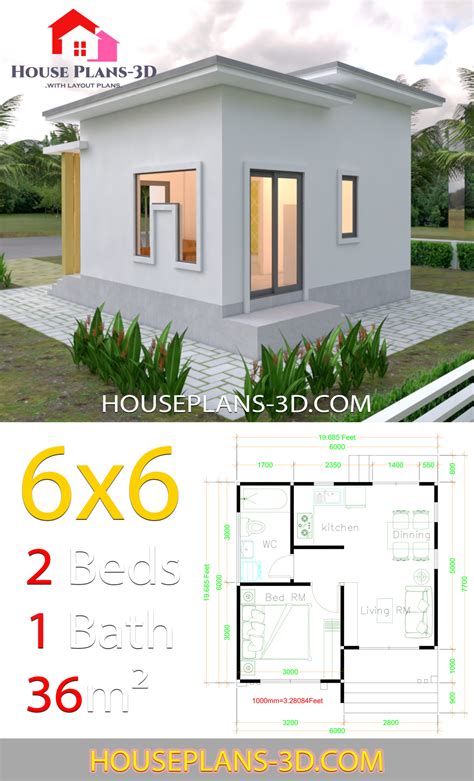 House Plans 6x6 with One Bedrooms Flat Roof - House Plans 3D