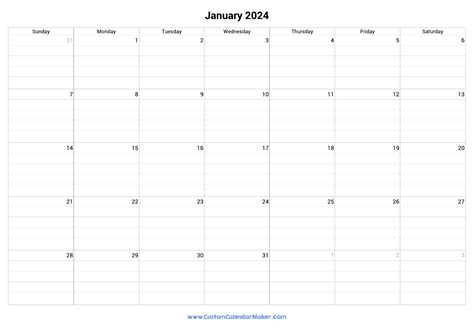 January 2024 Fillable Calendar Grid With Lines