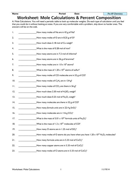 Mole Calculations Worksheet Answers - Ivuyteq