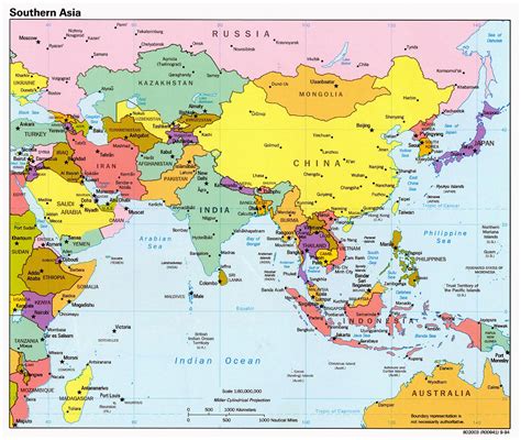 Detailed political map of Southern Asia with capitals and major cities ...