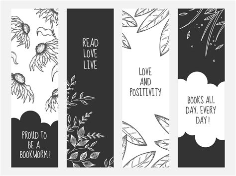 Black and White Bookmarks Set with Flowers and Leaves in Doodle Style ...