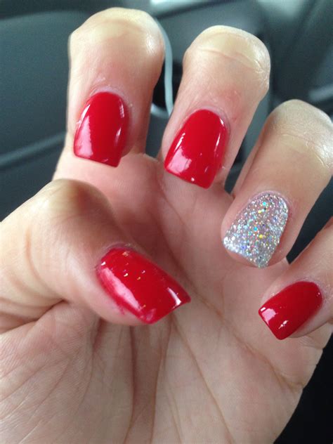 Acrylics! Red with glitter nail on ring finger | Homecoming nails, Red ...