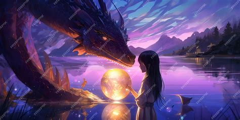 Premium AI Image | A girl and a dragon are standing in the water and ...