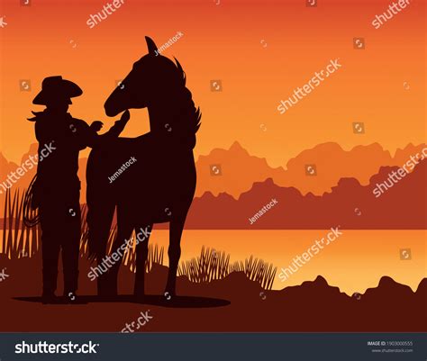 Cowboy Figure Silhouette Horse Sunset Lansdscape Stock Vector (Royalty ...