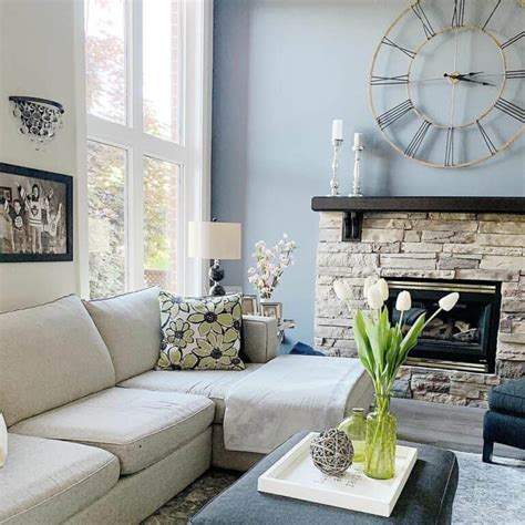 Light Blue Walls With Stone Fireplace - Soul & Lane