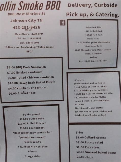 Menu at Rollin smoke bbq, Johnson City, 715 W Walnut St