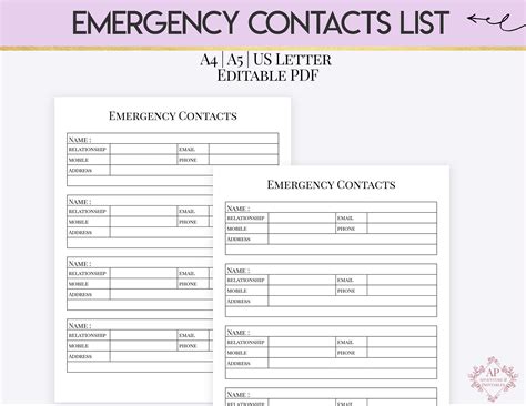 Emergency Contacts List, Editable Emergency Information List - Etsy