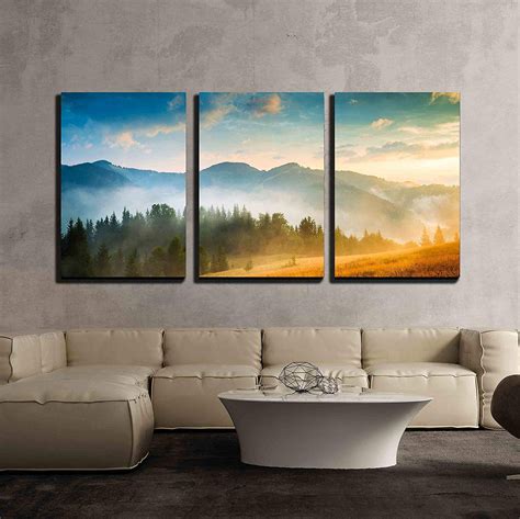 wall26 - 3 Piece Canvas Wall Art - Amazing Mountain Landscape with Fog ...