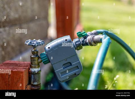 Garden water timer on a spigot with a splitter and hoses Stock Photo ...