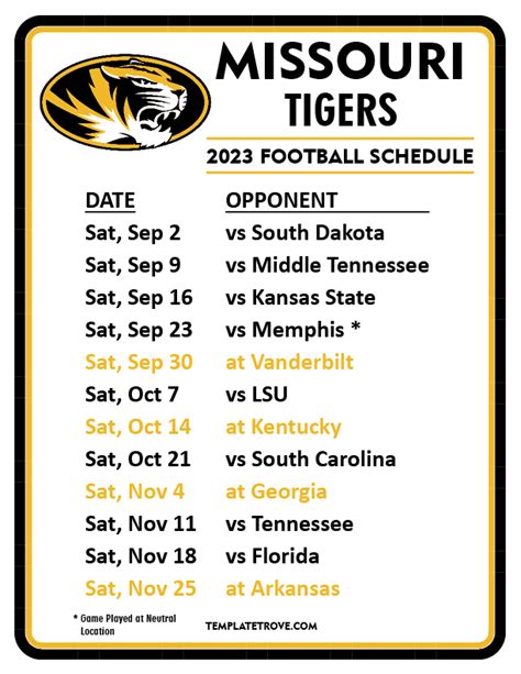 Printable 2023 Missouri Tigers Football Schedule