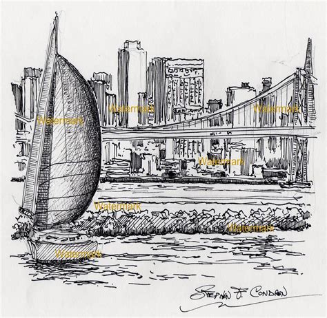 San Francisco skyline pen & ink drawing overlooking the bay.