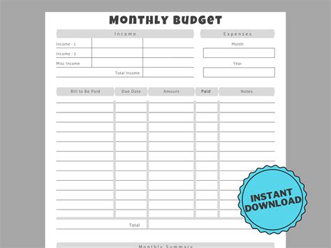 Monthly Budget Sheet, Downloadable PDF, Budget Template, Printable ...