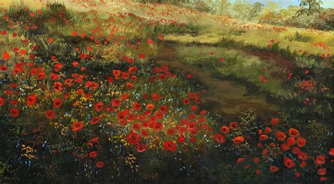 Red Poppy Field Painting by Cecilia Brendel