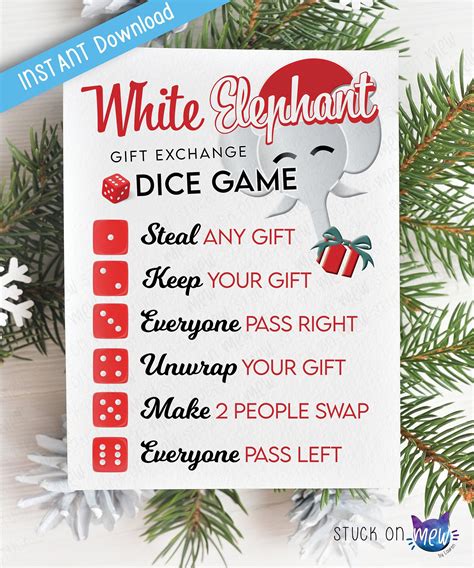 Printable White Elephant Dice Game Gift Exchange Rules, Secret Santa ...