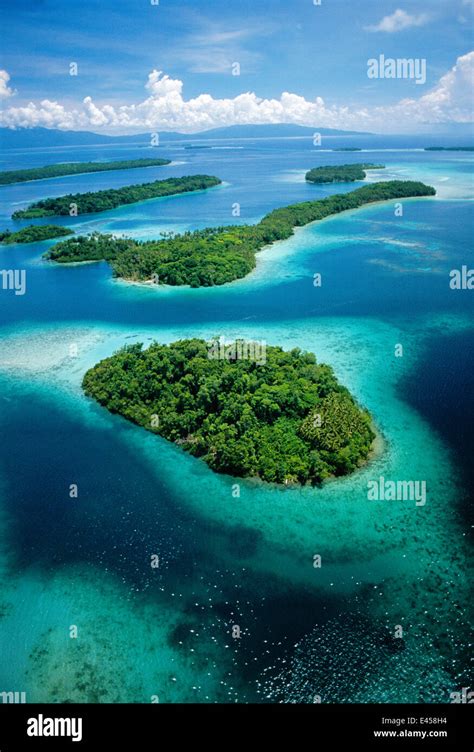 Aerial view of islands with fringing coral reefs, New Georgia, Solomon ...