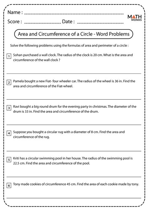 Circumference and Area of a Circle Worksheet - Math Monks