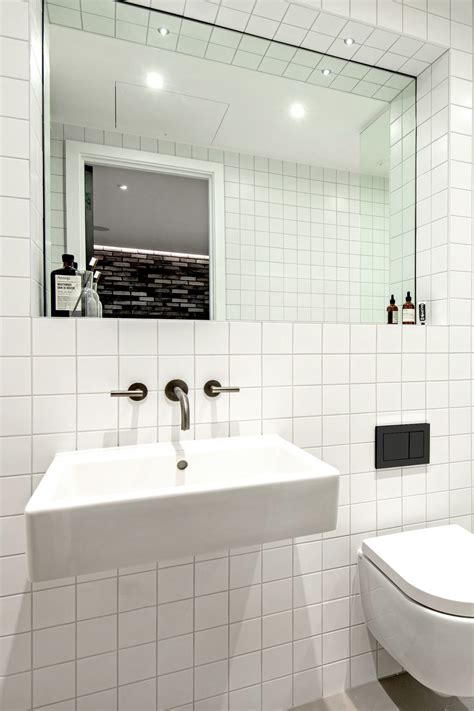 Square tiles in white minimal bathroom at The Hudson, Curtain Road by ...