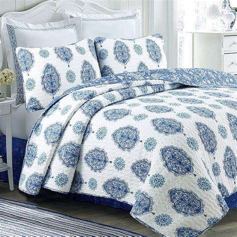 Cozy Line Hittle 3 Piece Cotton Reversible Quilt Set - Blue/White ...