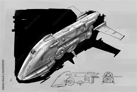 Concept art design drawing of sci-fi or science fiction spaceship ...