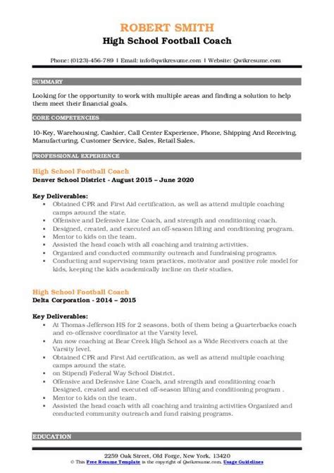 High School Football Coach Resume Samples | QwikResume