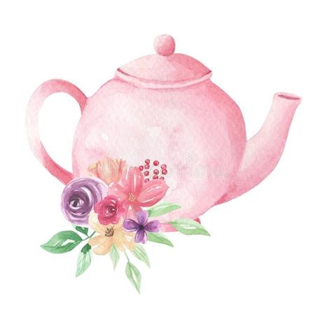 Pink Pastel Teapot Flowers Watercolor Foliage Afternoon Tea Floral ...