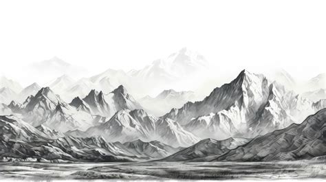 Black and white hand drawn pencil sketch of a mountain landscape with ...