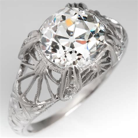 Old Mine Cut Diamond Antique Engagement Ring Platinum 2.56Ct J/SI1