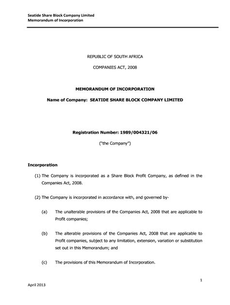 Memorandum Of Incorporation Template Word Doc - Fill Online, Printable ...