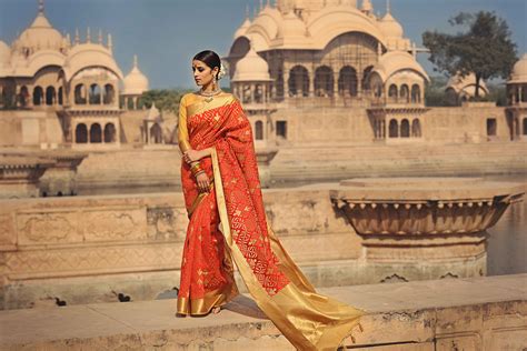 Buy Meena Bazaar Red and Golden Handwoven Saree online | Sarees ...