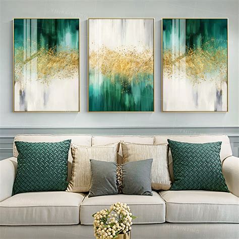 Set of 3 Wall Art Gold Glitters Emerald Green Luxury Painting Framed ...