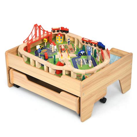 Gymax Wooden Kids Train Track Railway Set Table w/100 Pieces Storage ...