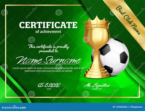 Soccer Certificate Diploma With Golden Cup Vector. Sport Graduation ...