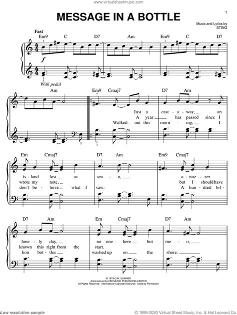 Police - Message In A Bottle sheet music for piano solo