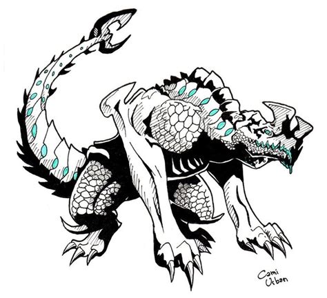 a black and white drawing of a dragon with sharp claws on it's head