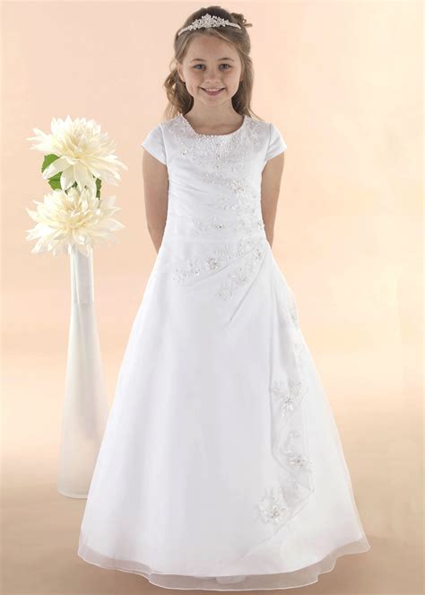 Satin Organza White Communion Dress With Beads | Cachet Kids