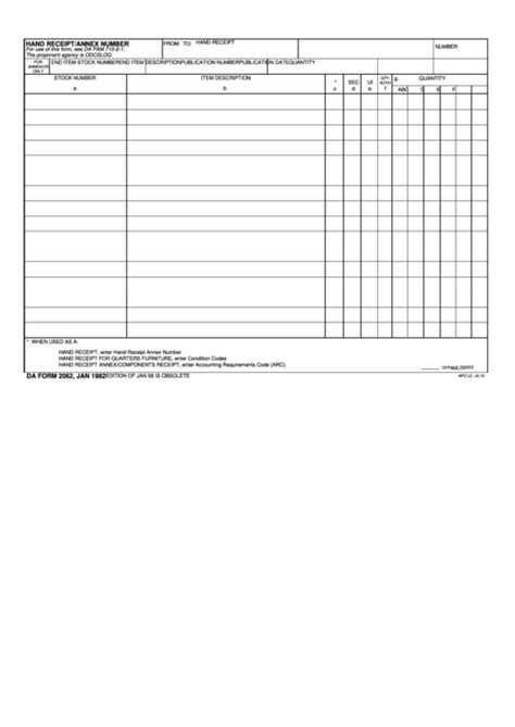 Da Form 2062 - Hand Receipt/annex Number printable pdf download