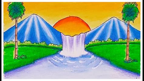 Sunset Drawing - How to Draw Beautiful sunset Scenery with waterfall ...