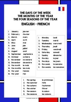 FRENCH DAYS, MONTHS, SEASONS VOCABULARY REFERENCE LIST | TpT