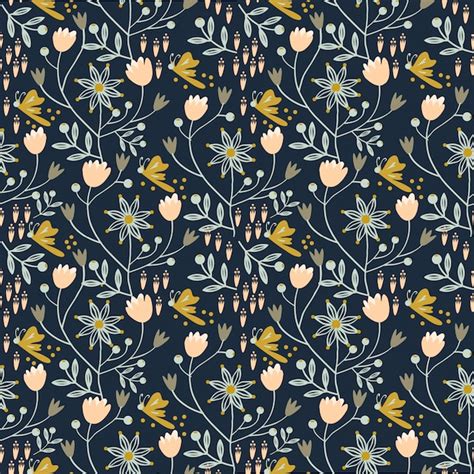 Premium Vector | Floral seamless pattern on navy blue background