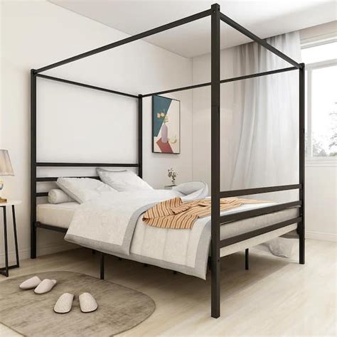 GODEER 83 in. W Black Metal Canopy Bed Frame, Platform Bed Frame Queen ...