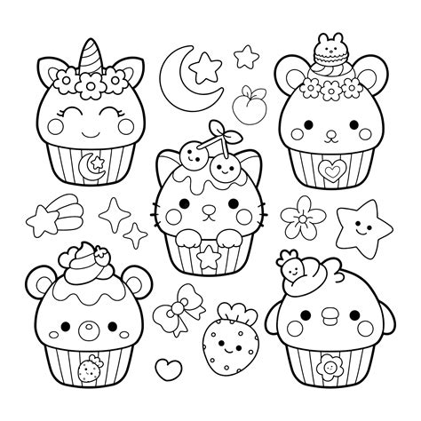 Premium Vector | Cute cupcake characters kawaii coloring page illustration