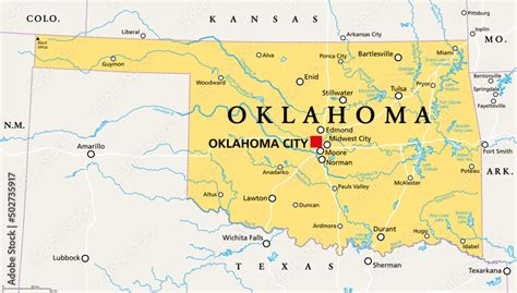 Oklahoma, OK, political map with capital Oklahoma City, important ...