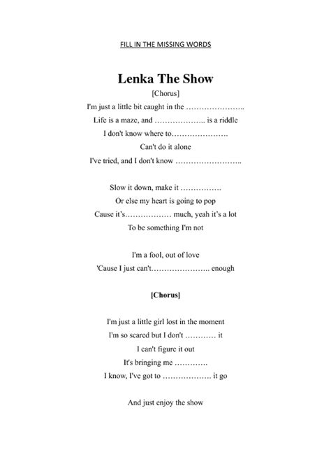 Song Worksheet: The Show by Lenka