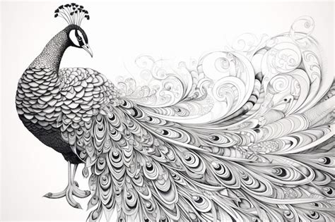 Premium AI Image | A black and white drawing of a peacock with a white ...