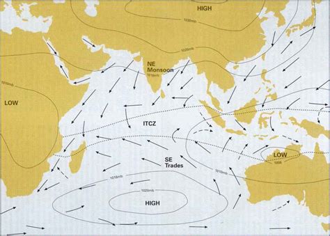 Map of Indian Ocean Monsoon and Trade Winds, wind and current chart ...