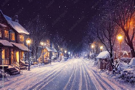 Winter snowy small cozy street with lights in houses, falling snow town ...