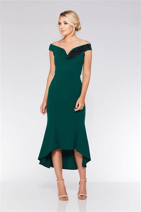 Quiz Bottle Green Bardot Dip Hem Dress | Green wedding guest dresses ...